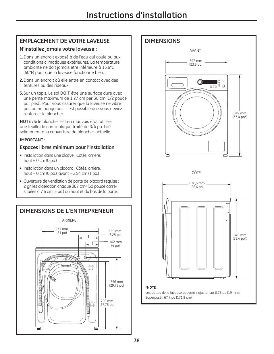 Instructions d’installation, Dimensions, Emplacement de votre laveuse | Dimensions de l’entrepreneur | GE WCVH4800KWW User Manual | Page 38 / 76