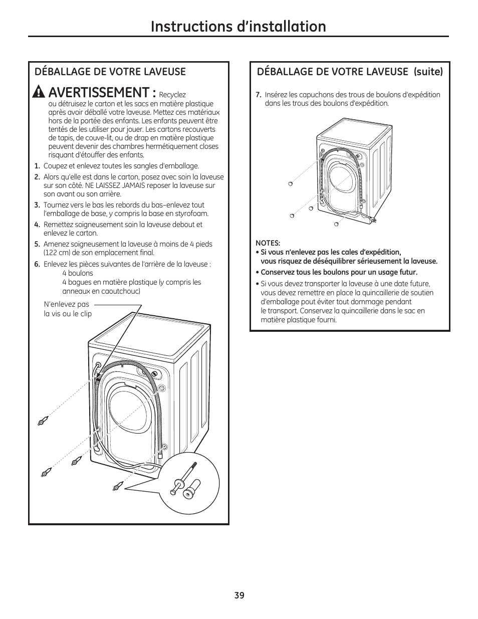 Instructions d’installation, Avertissement, Déballage de votre laveuse | Déballage de votre laveuse (suite) | GE WCVH4800KWW User Manual | Page 39 / 76