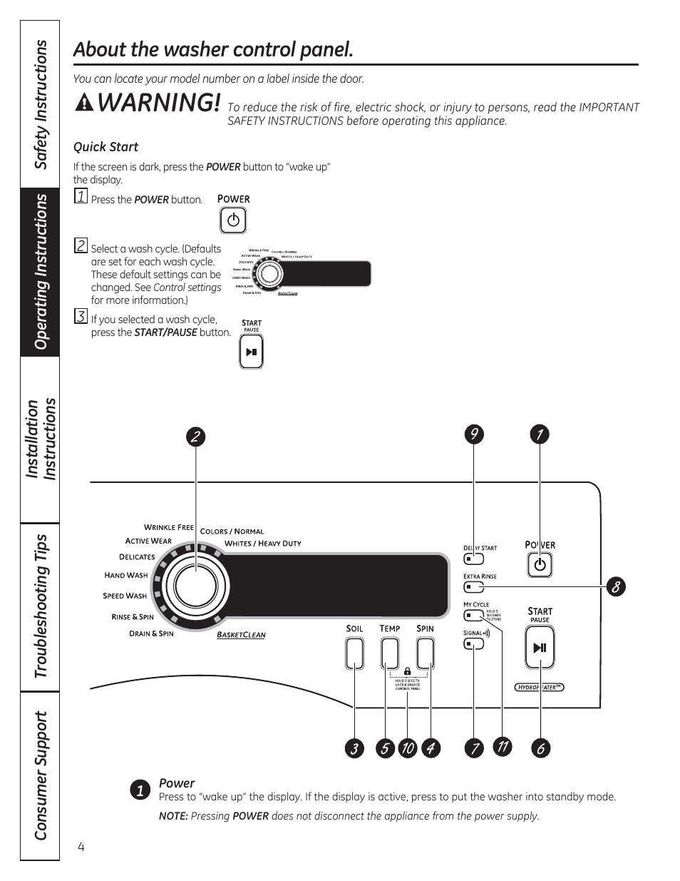 Warning, About the washer control panel | GE WCVH4800KWW User Manual | Page 4 / 76