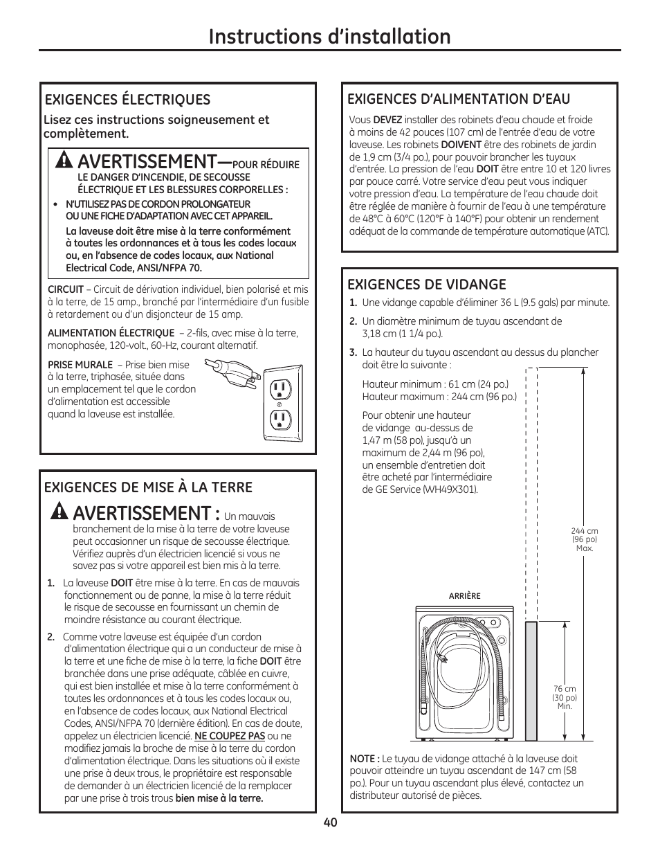 Instructions d’installation, Avertissement, Exigences électriques | Exigences de vidange | GE WCVH4800KWW User Manual | Page 40 / 76