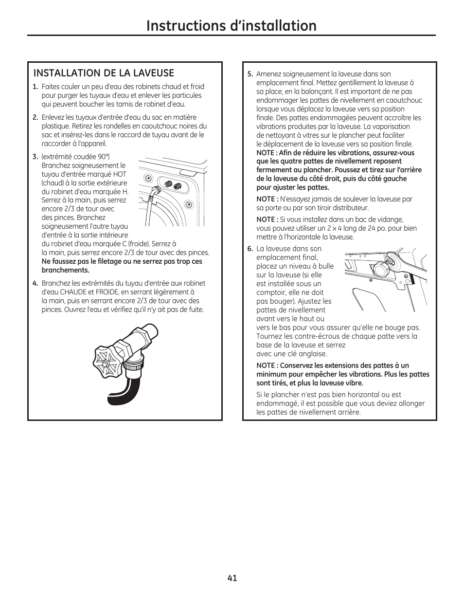 Instructions d’installation, Installation de la laveuse | GE WCVH4800KWW User Manual | Page 41 / 76