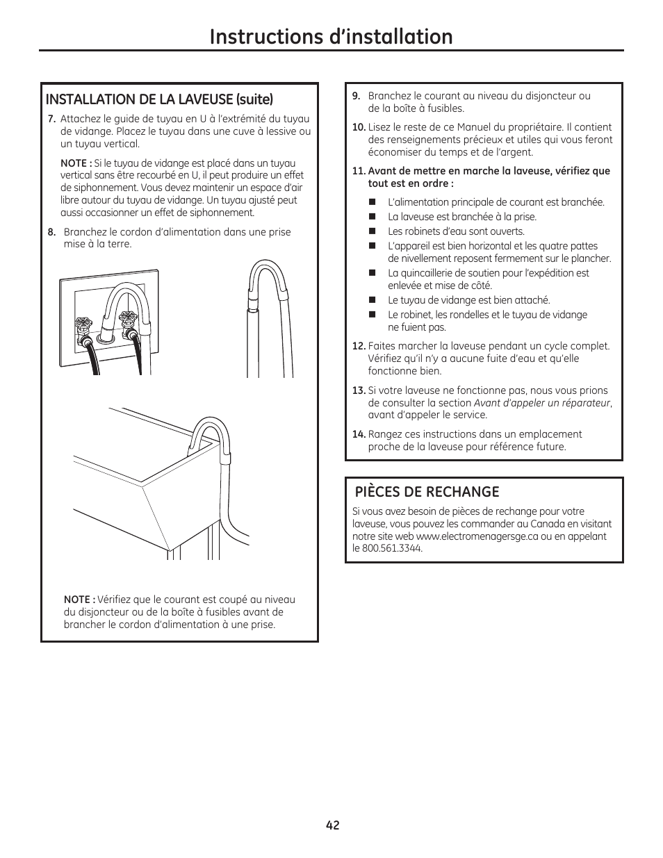 Instructions d’installation, Installation de la laveuse (suite), Pièces de rechange | GE WCVH4800KWW User Manual | Page 42 / 76
