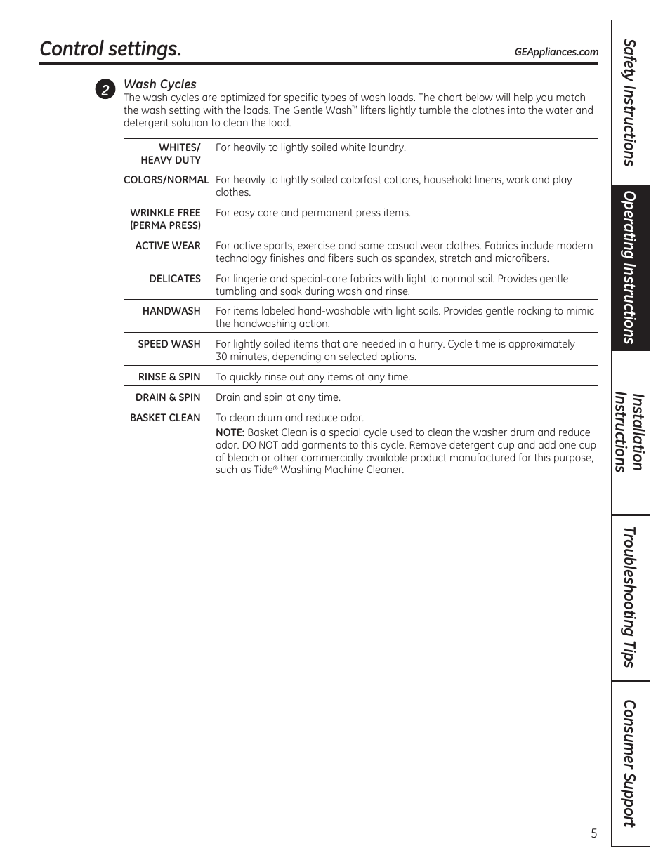 Control settings | GE WCVH4800KWW User Manual | Page 5 / 76