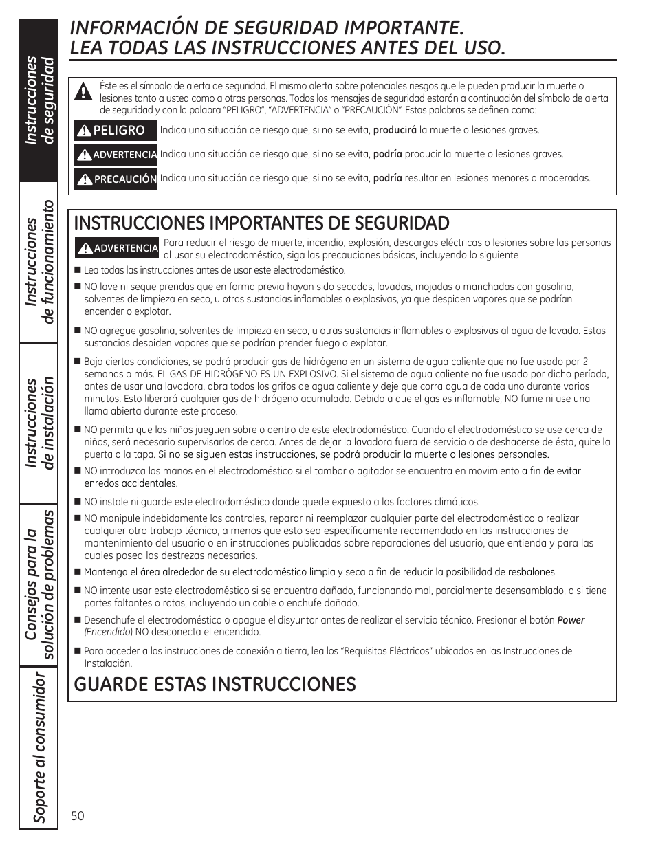 Instrucciones importantes de seguridad, Guarde estas instrucciones | GE WCVH4800KWW User Manual | Page 50 / 76