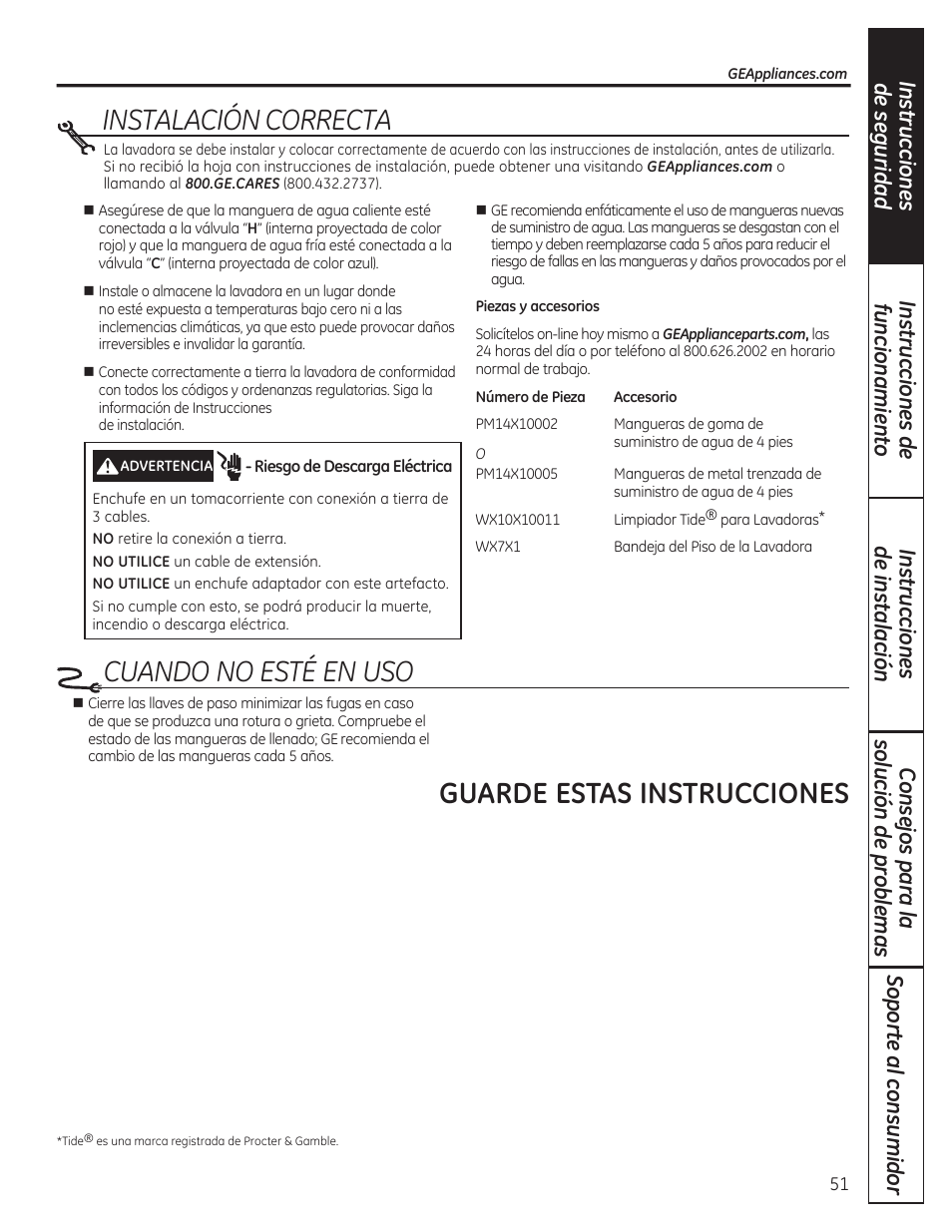Instalación correcta, Cuando no esté en uso, Guarde estas instrucciones | GE WCVH4800KWW User Manual | Page 51 / 76