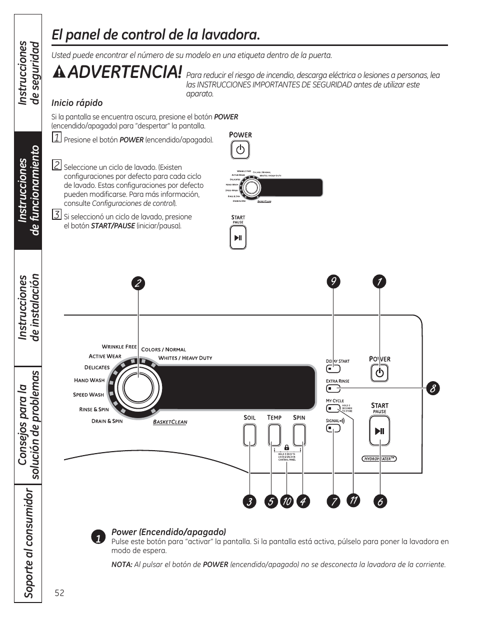 Advertencia, El panel de control de la lavadora | GE WCVH4800KWW User Manual | Page 52 / 76