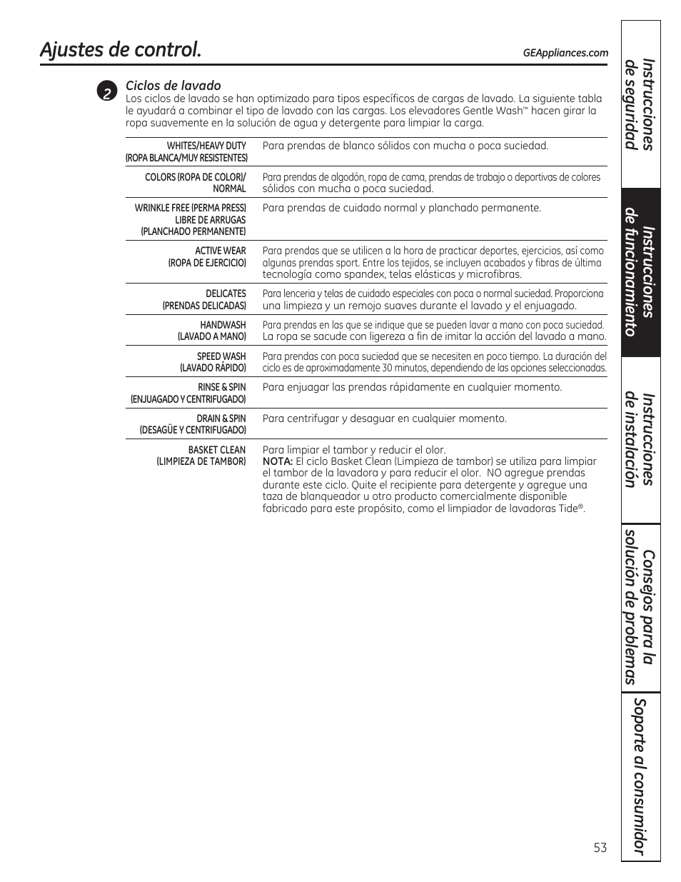 Ajustes de control | GE WCVH4800KWW User Manual | Page 53 / 76