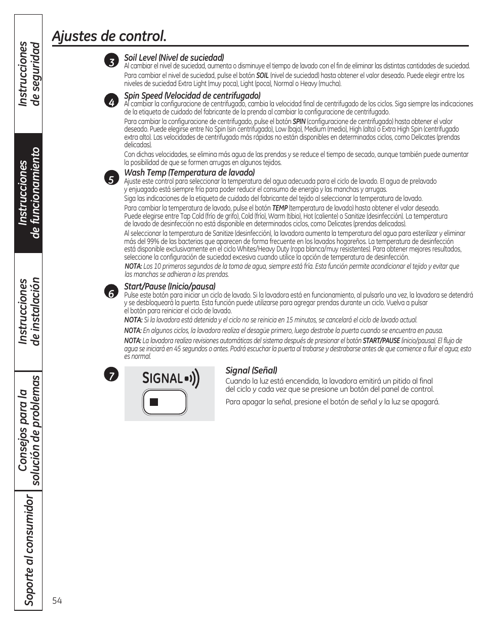 Ajustes de control | GE WCVH4800KWW User Manual | Page 54 / 76