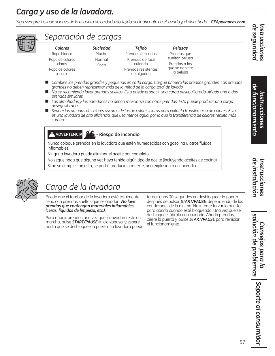 Carga y uso de la lavadora, Separación de cargas carga de la lavadora | GE WCVH4800KWW User Manual | Page 57 / 76