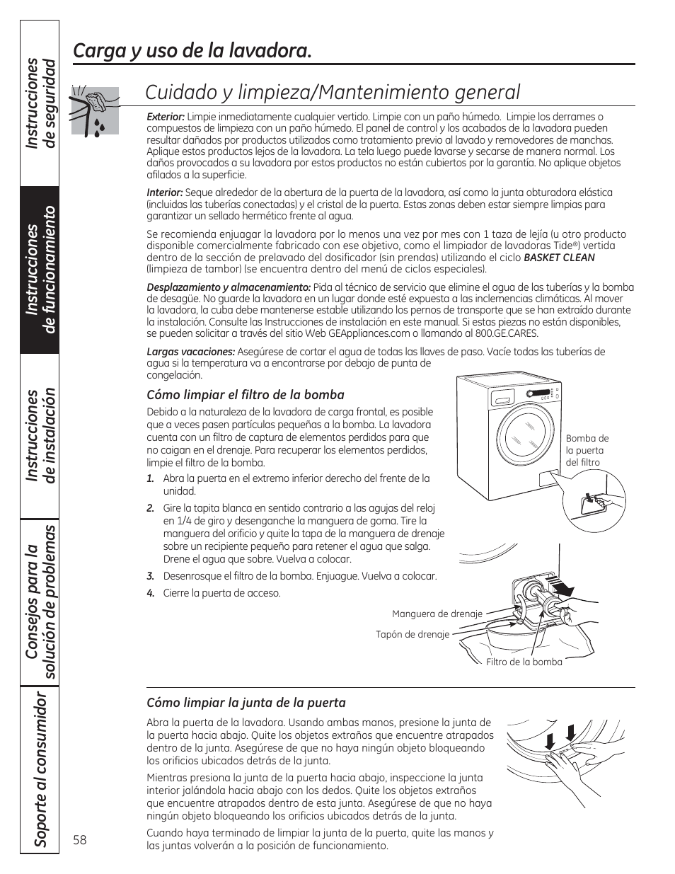 Cuidado y limpieza/mantenimiento general, Carga y uso de la lavadora | GE WCVH4800KWW User Manual | Page 58 / 76