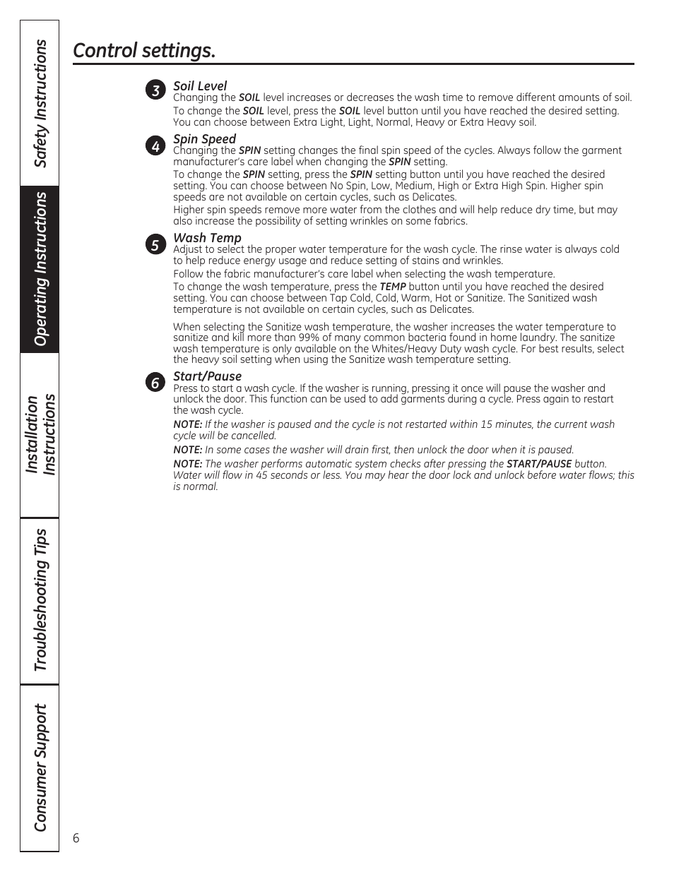 Control settings | GE WCVH4800KWW User Manual | Page 6 / 76