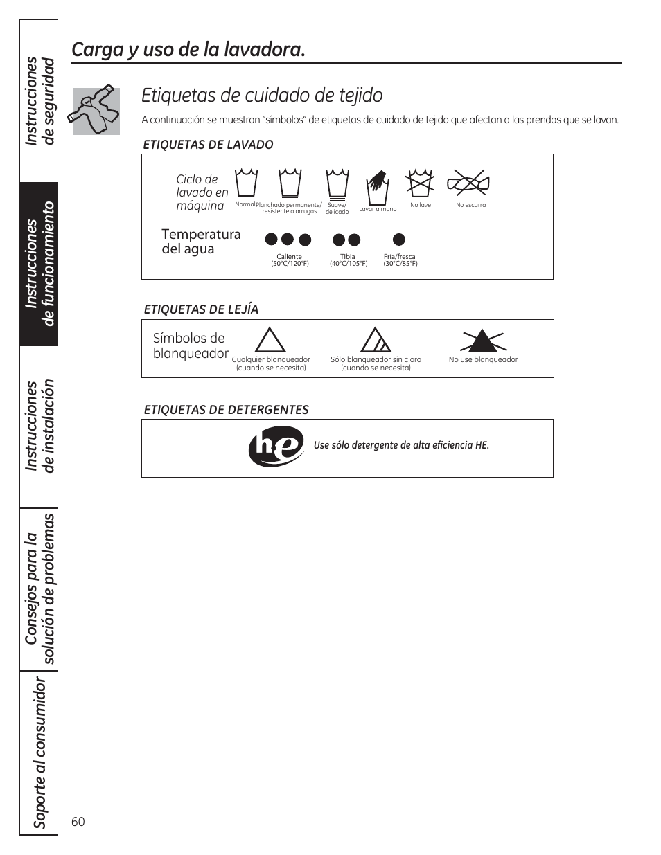 Carga y uso de la lavadora, Etiquetas de cuidado de tejido, Temperatura del agua | Bleach symbols, Símbolos de blanqueador | GE WCVH4800KWW User Manual | Page 60 / 76