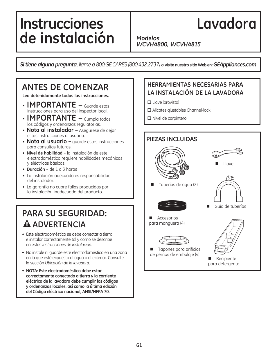 Instrucciones lavadora, De instalación, Antes de comenzar | Para su seguridad, Importante, Advertencia | GE WCVH4800KWW User Manual | Page 61 / 76