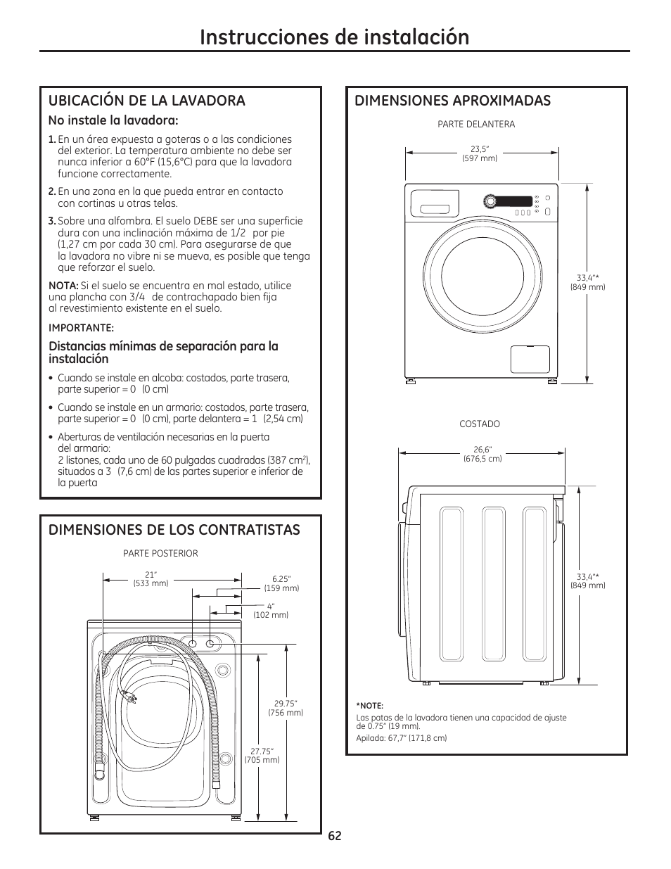 Instrucciones de instalación, Dimensiones aproximadas, Ubicación de la lavadora | Dimensiones de los contratistas | GE WCVH4800KWW User Manual | Page 62 / 76