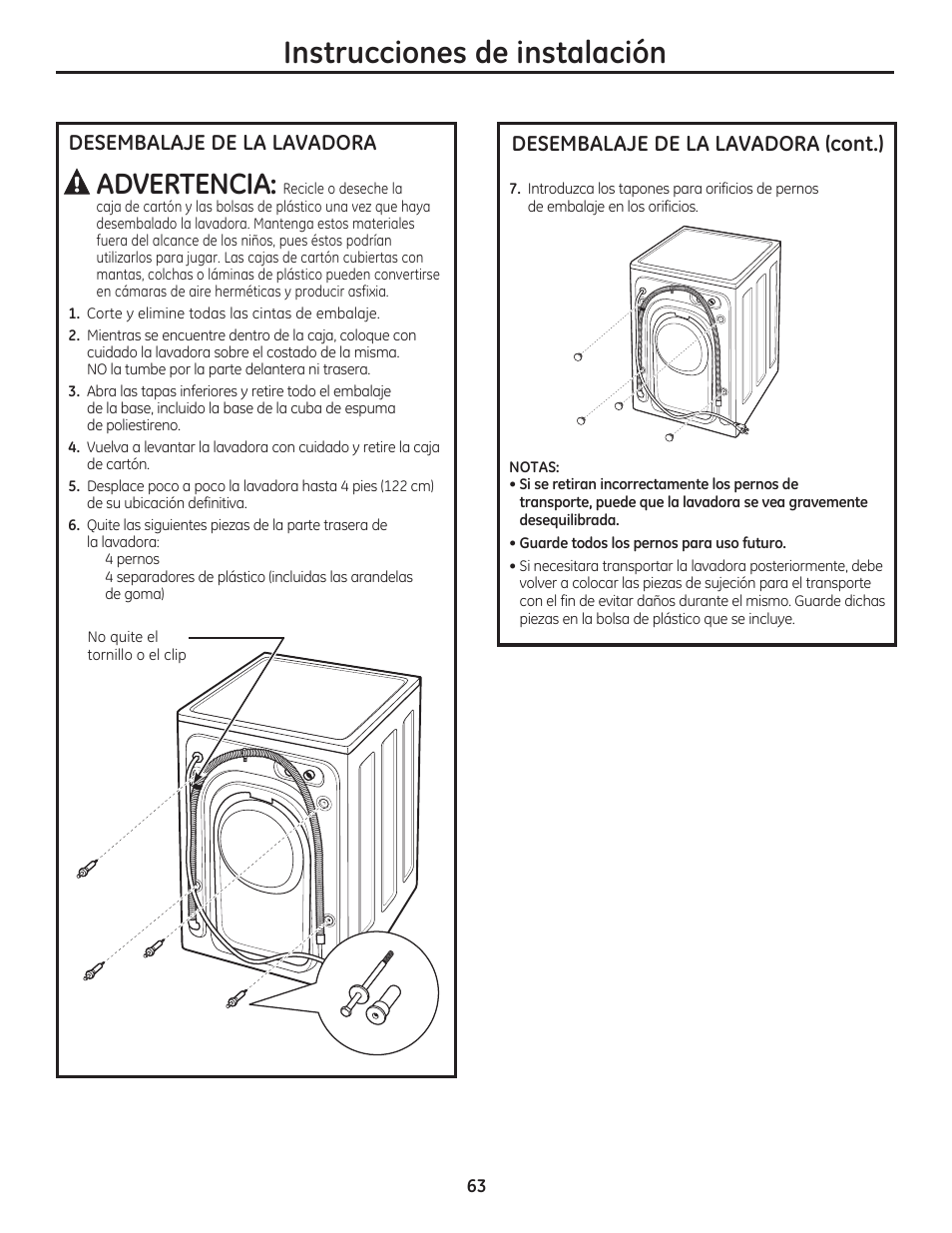 Instrucciones de instalación, Advertencia, Desembalaje de la lavadora | Desembalaje de la lavadora (cont.) | GE WCVH4800KWW User Manual | Page 63 / 76