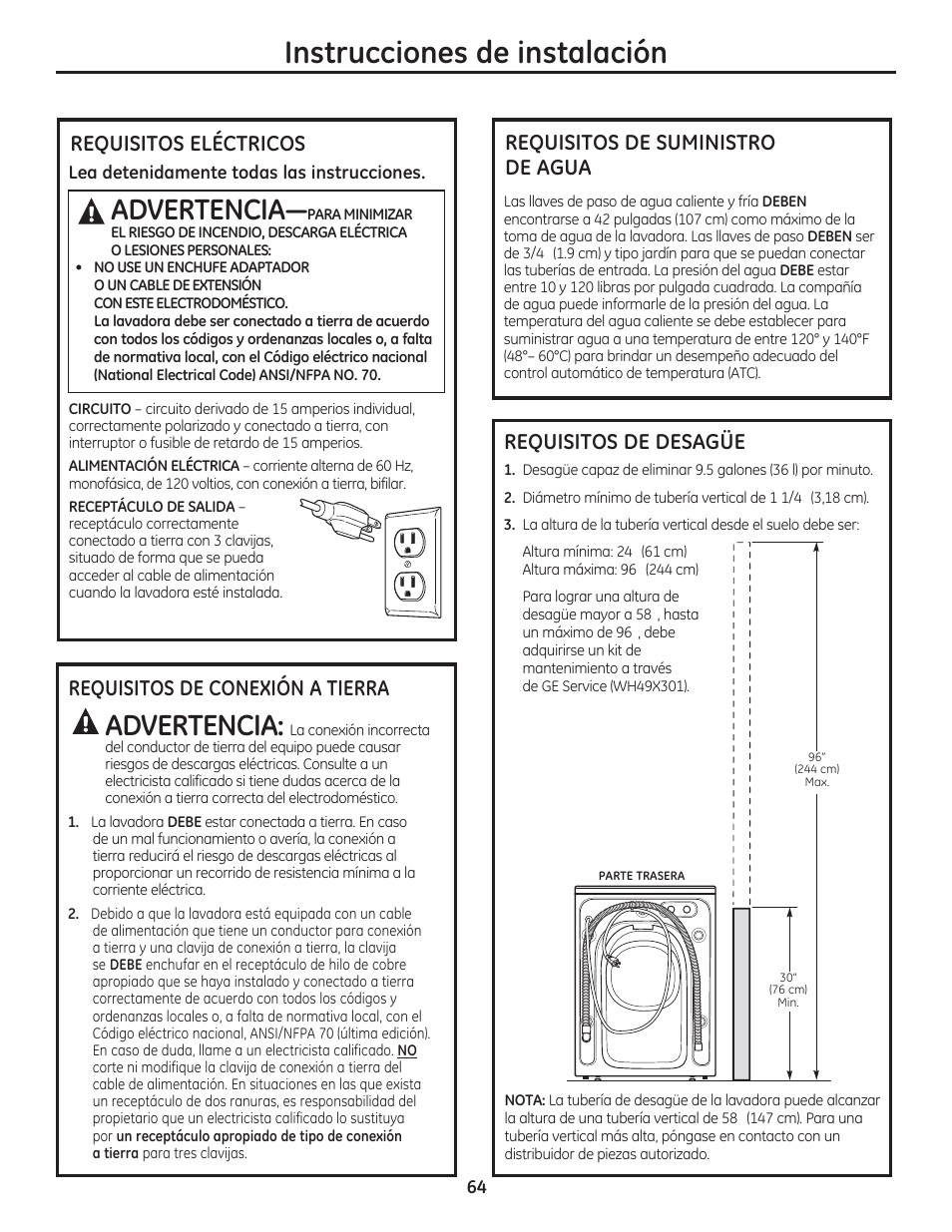 Instrucciones de instalación, Advertencia, Requisitos eléctricos | GE WCVH4800KWW User Manual | Page 64 / 76