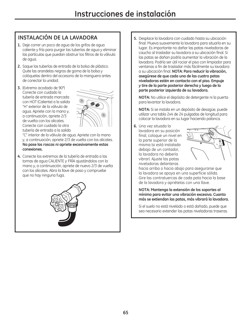 Instrucciones de instalación, Instalación de la lavadora | GE WCVH4800KWW User Manual | Page 65 / 76