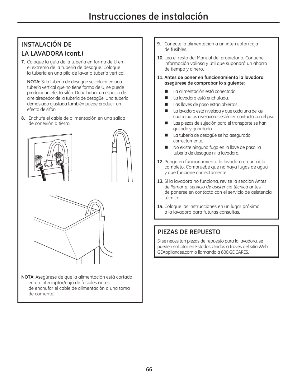 Instrucciones de instalación, Instalación de la lavadora (cont.), Piezas de repuesto | GE WCVH4800KWW User Manual | Page 66 / 76