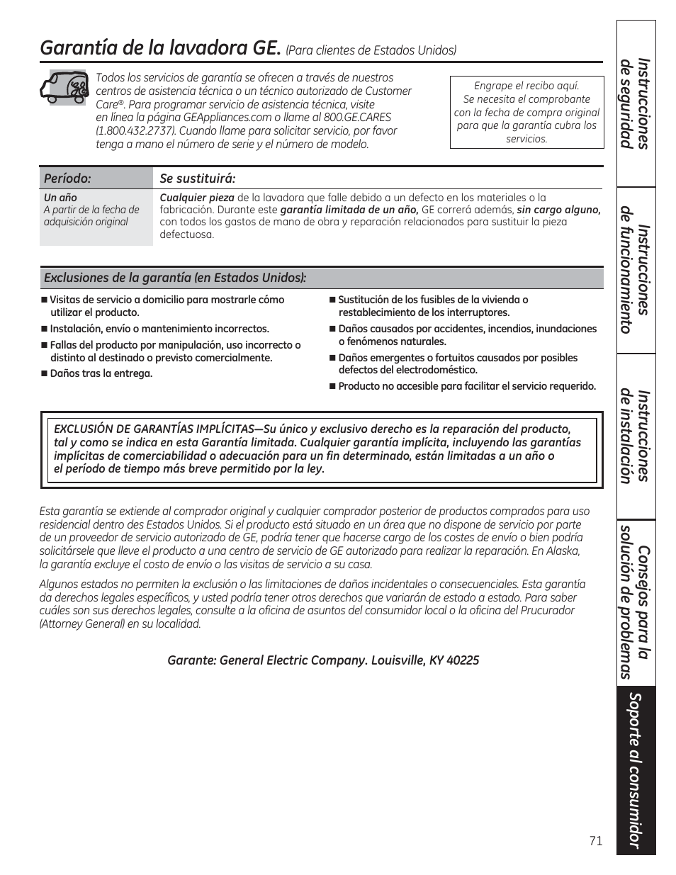 Garantía de la lavadora ge | GE WCVH4800KWW User Manual | Page 71 / 76