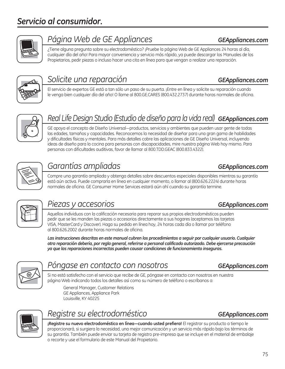 Solicite una reparación, Garantías ampliadas, Piezas y accesorios | Póngase en contacto con nosotros, Registre su electrodoméstico | GE WCVH4800KWW User Manual | Page 75 / 76