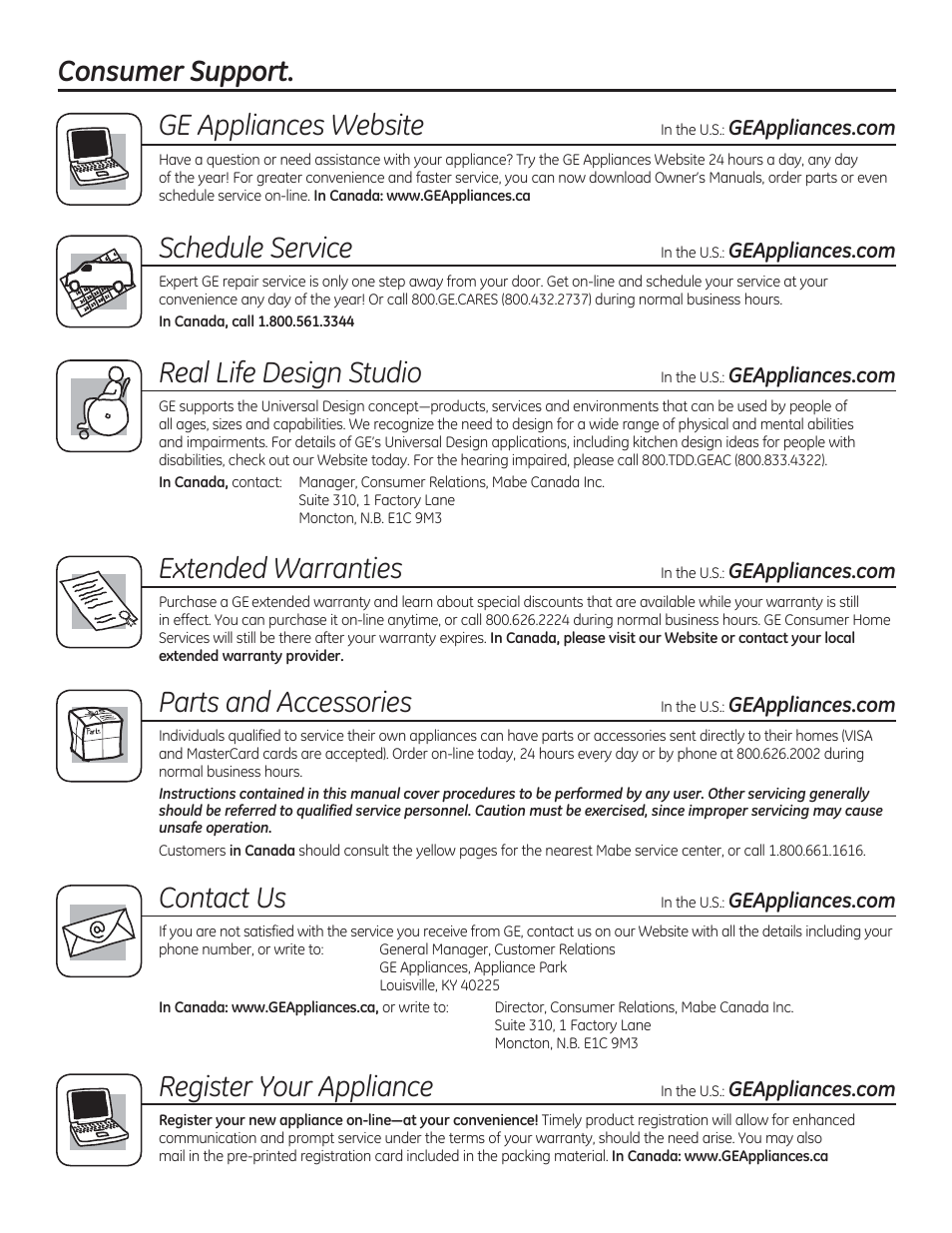 Consumer support. ge appliances website, Schedule service, Real life design studio | Extended warranties, Parts and accessories, Contact us, Register your appliance | GE WCVH4800KWW User Manual | Page 76 / 76