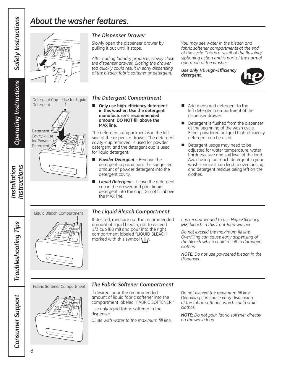 About the washer features | GE WCVH4800KWW User Manual | Page 8 / 76