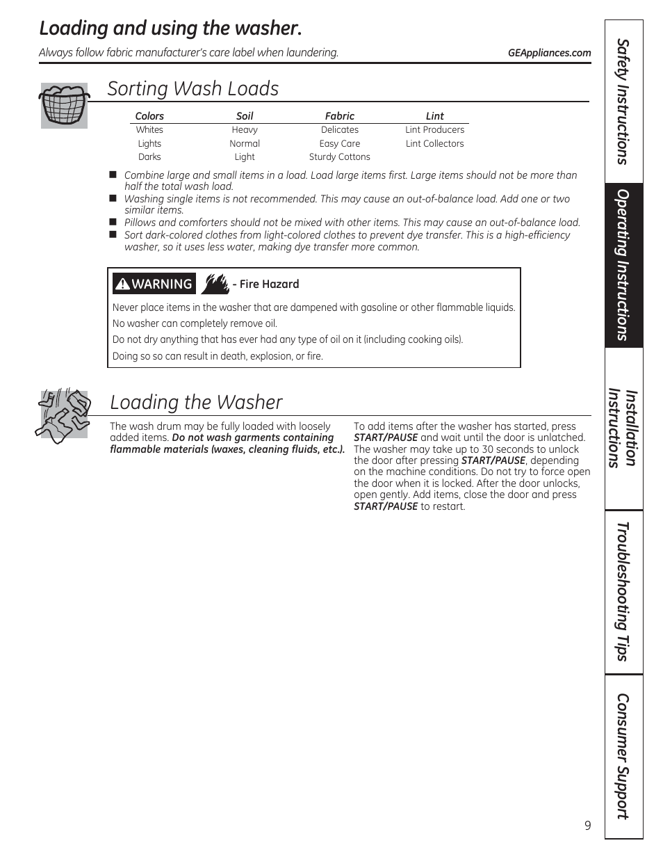 Loading and using the washer, Sorting wash loads loading the washer | GE WCVH4800KWW User Manual | Page 9 / 76