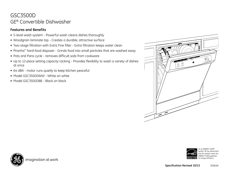 Gsc3500d, Convertible dishwasher | GE GSC3500DBB User Manual | Page 2 / 2
