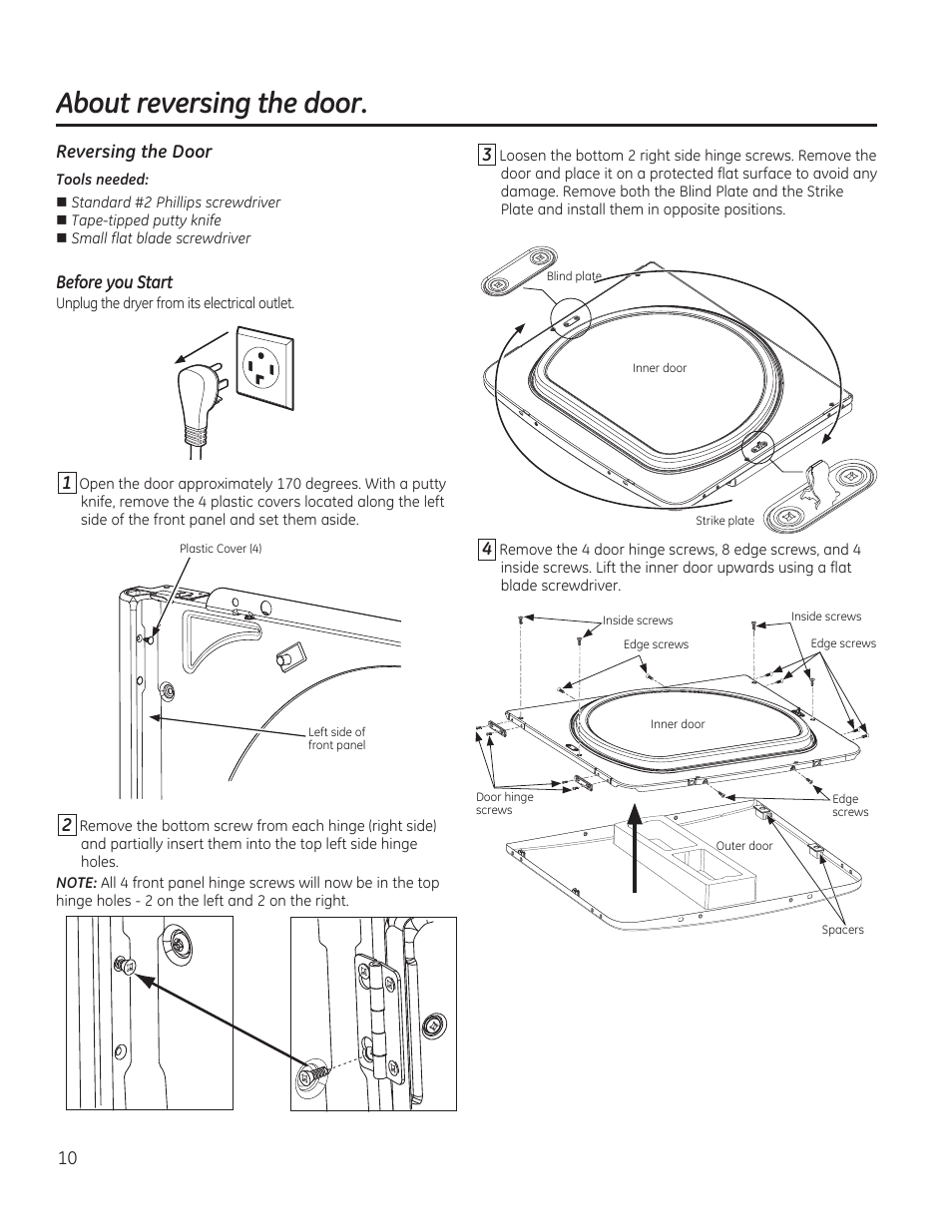 About reversing the door | GE GTDP740GDWW User Manual | Page 10 / 32