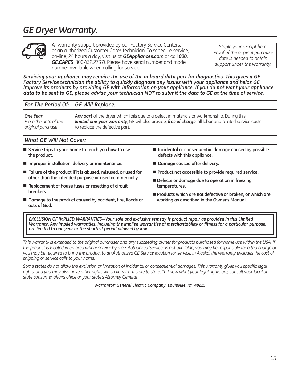 Ge dryer warranty | GE GTDP740GDWW User Manual | Page 15 / 32