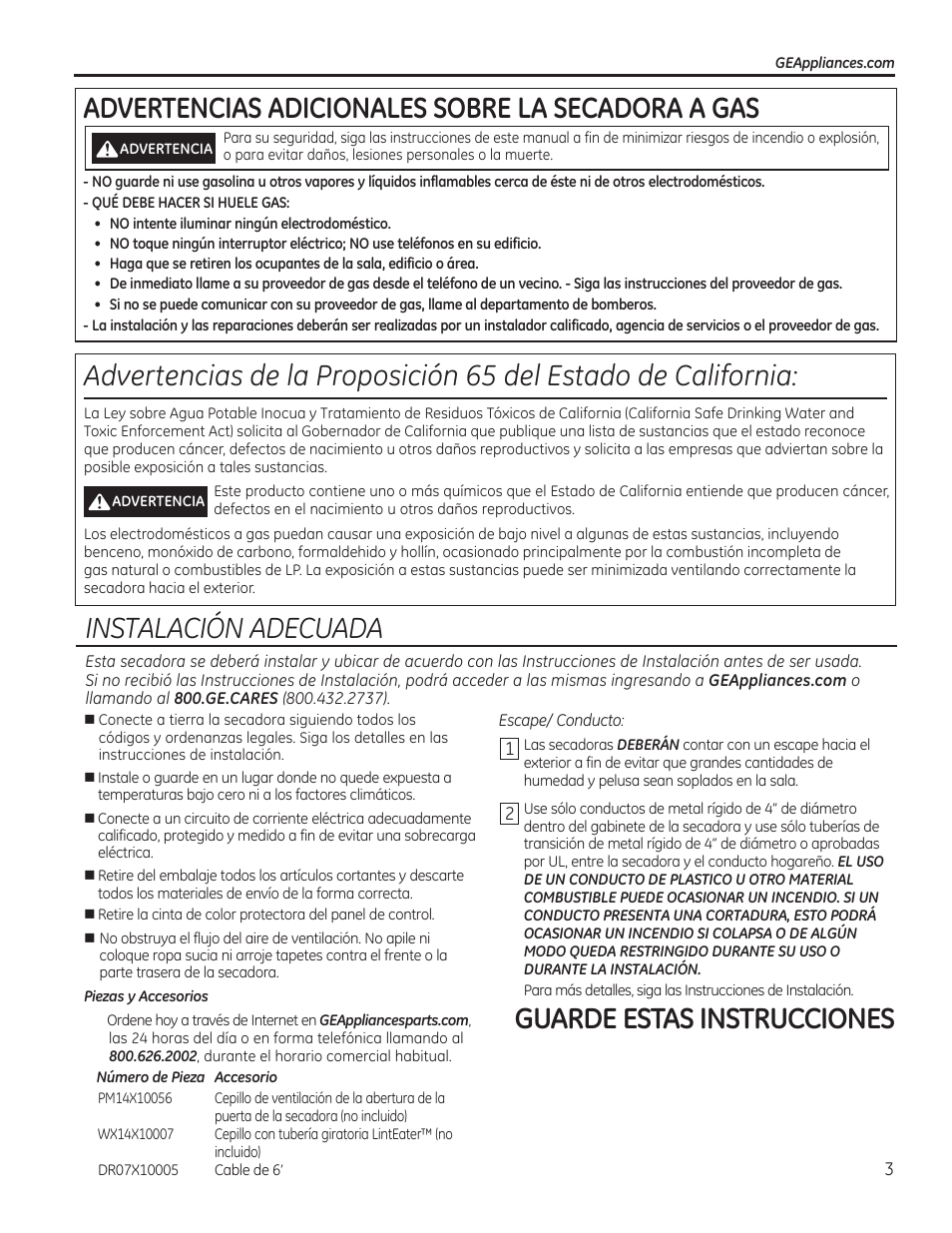 Guarde estas instrucciones, Instalación adecuada, Advertencias adicionales sobre la secadora a gas | GE GTDP740GDWW User Manual | Page 19 / 32