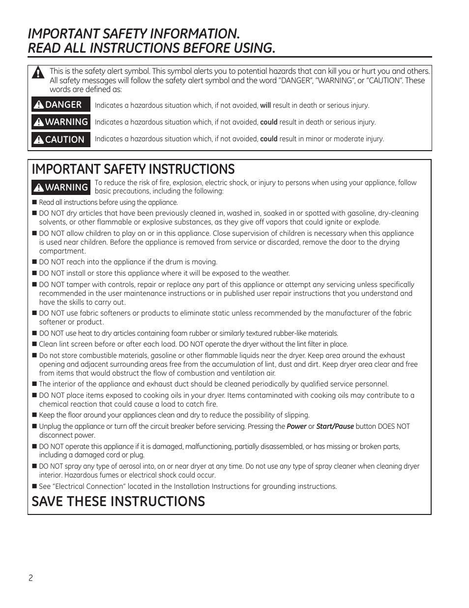 Important safety instructions, Save these instructions | GE GTDP740GDWW User Manual | Page 2 / 32