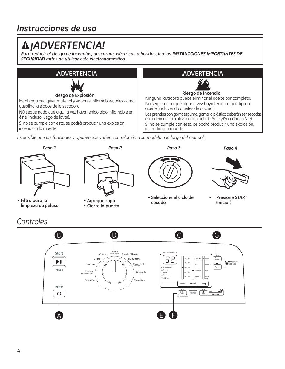 Advertencia, Instrucciones de uso, Controles | Warning | GE GTDP740GDWW User Manual | Page 20 / 32