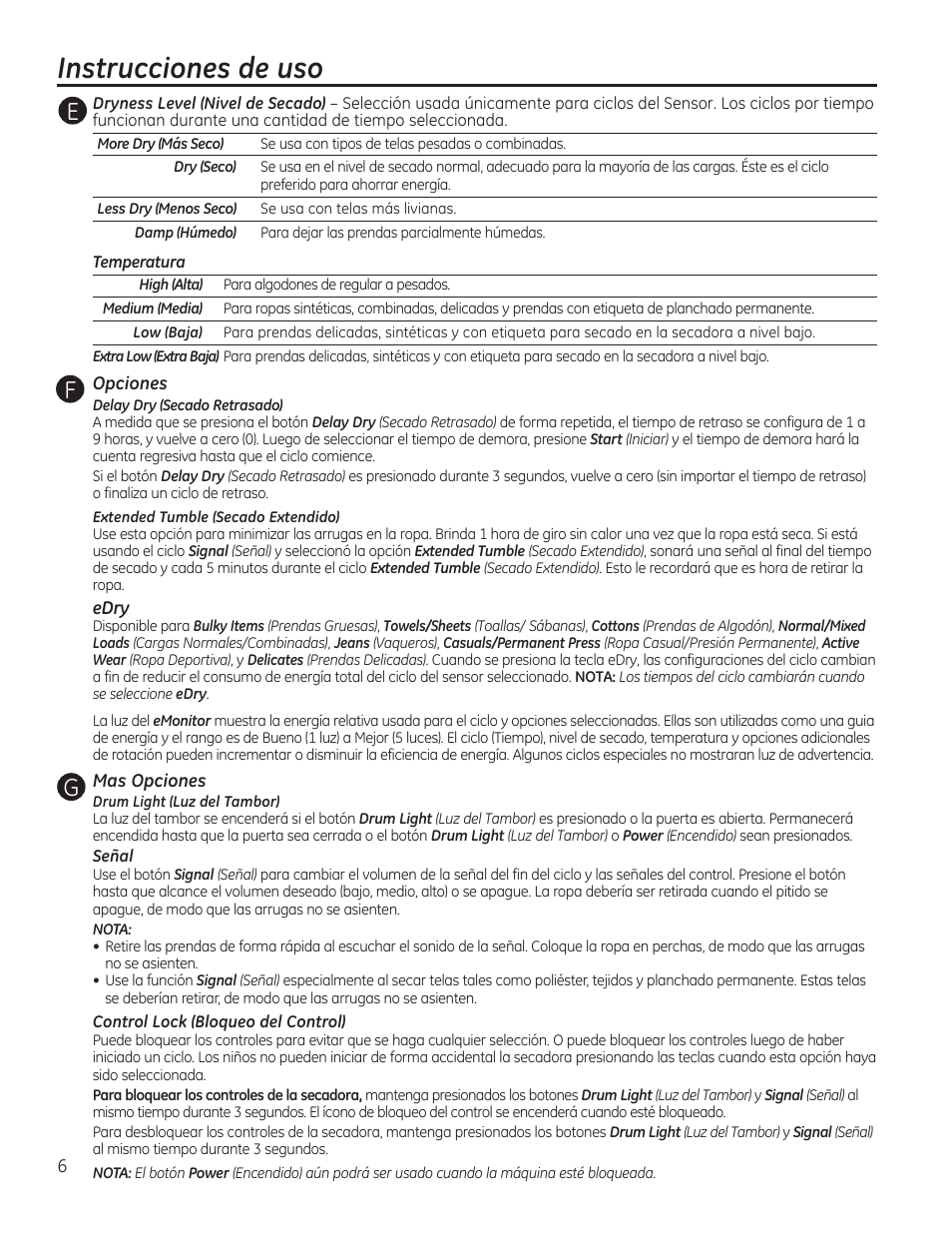 Instrucciones de uso, Fe g | GE GTDP740GDWW User Manual | Page 22 / 32