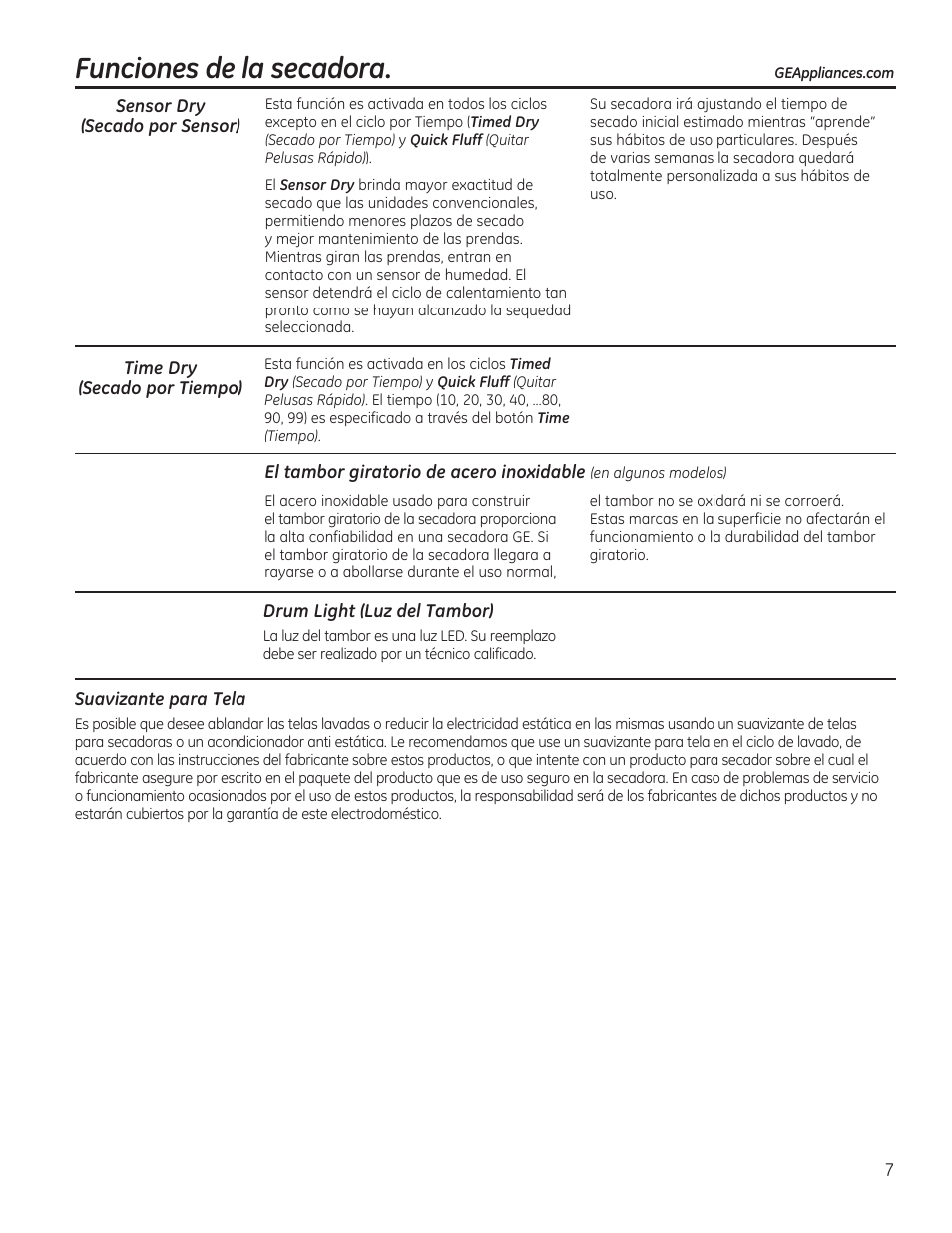 Funciones de la secadora | GE GTDP740GDWW User Manual | Page 23 / 32