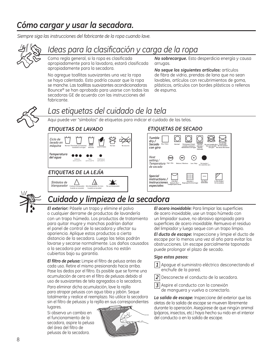 Cómo cargar y usar la secadora, Ideas para la clasificación y carga de la ropa, Desconecte el conducto de la secadora | GE GTDP740GDWW User Manual | Page 24 / 32