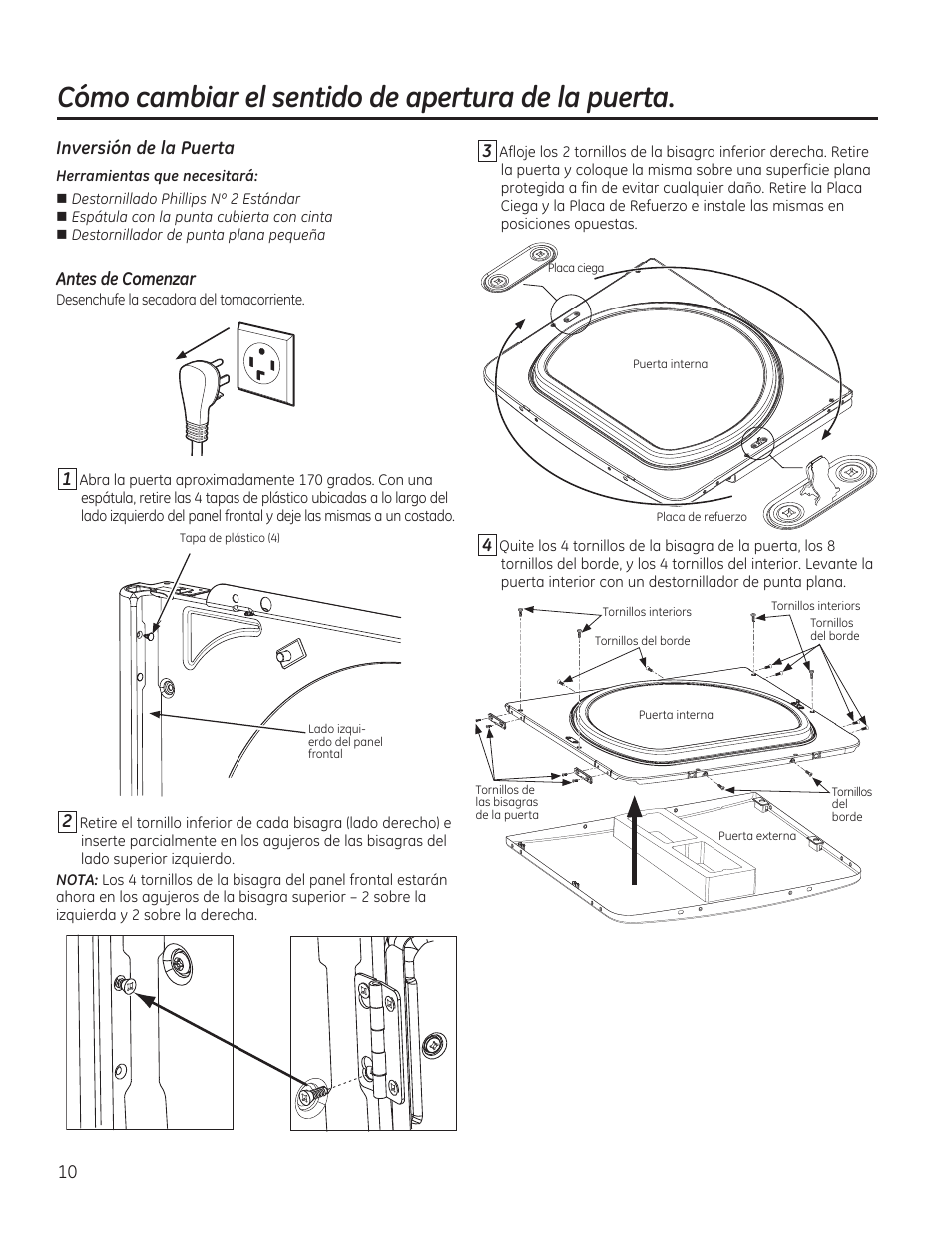 Cómo cambiar el sentido de apertura de la puerta, Inversión de la puerta, Antes de comenzar | GE GTDP740GDWW User Manual | Page 26 / 32