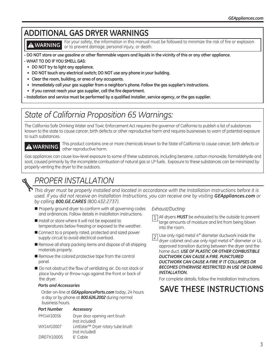 Save these instructions proper installation, Additional gas dryer warnings, State of california proposition 65 warnings | Warning | GE GTDP740GDWW User Manual | Page 3 / 32