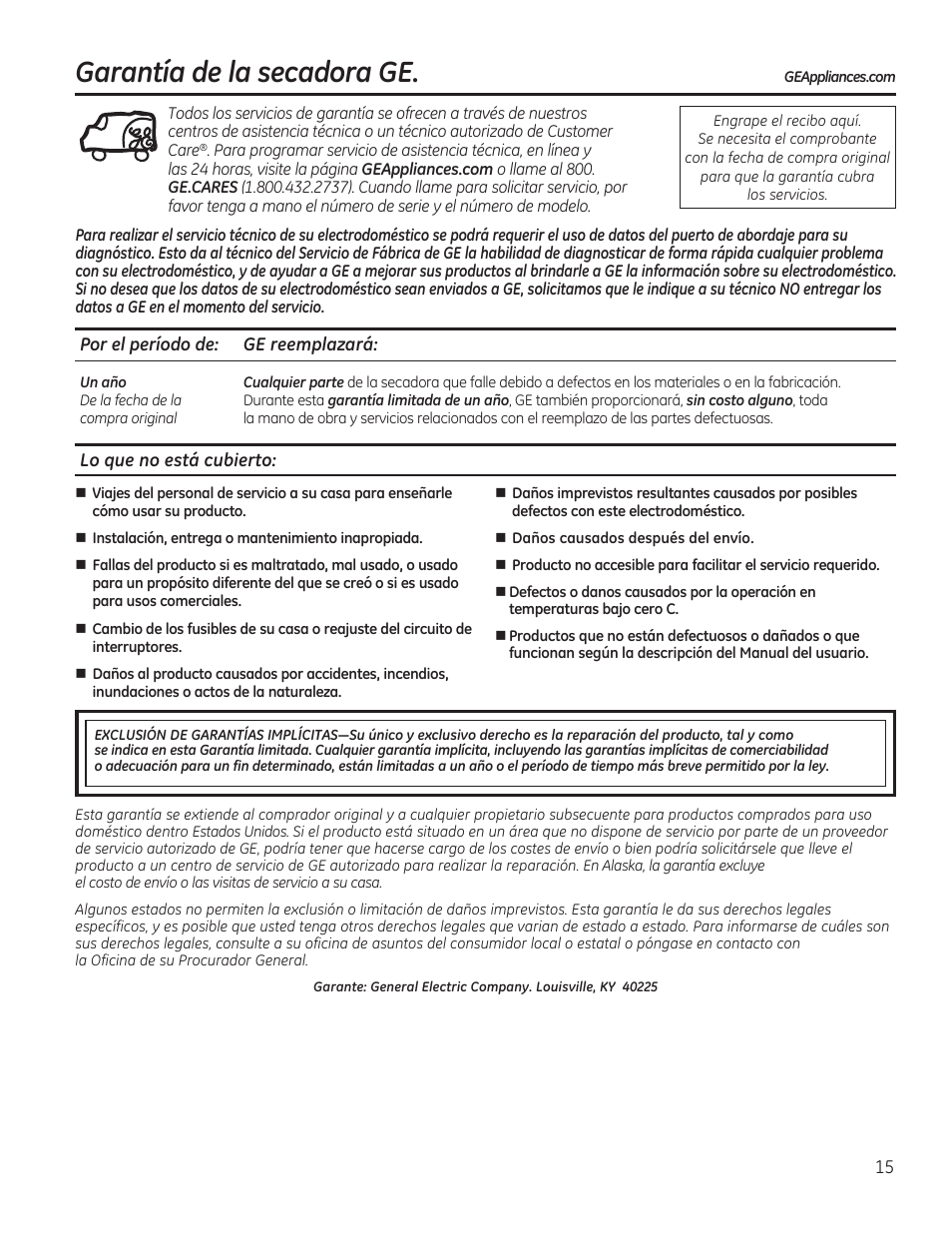 Garantía de la secadora ge | GE GTDP740GDWW User Manual | Page 31 / 32