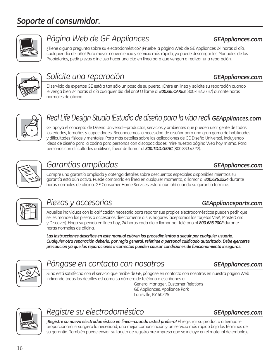 Soporte al consumidor. garantías ampliadas, Piezas y accesorios, Página web de ge appliances | Solicite una reparación, Póngase en contacto con nosotros, Registre su electrodoméstico | GE GTDP740GDWW User Manual | Page 32 / 32