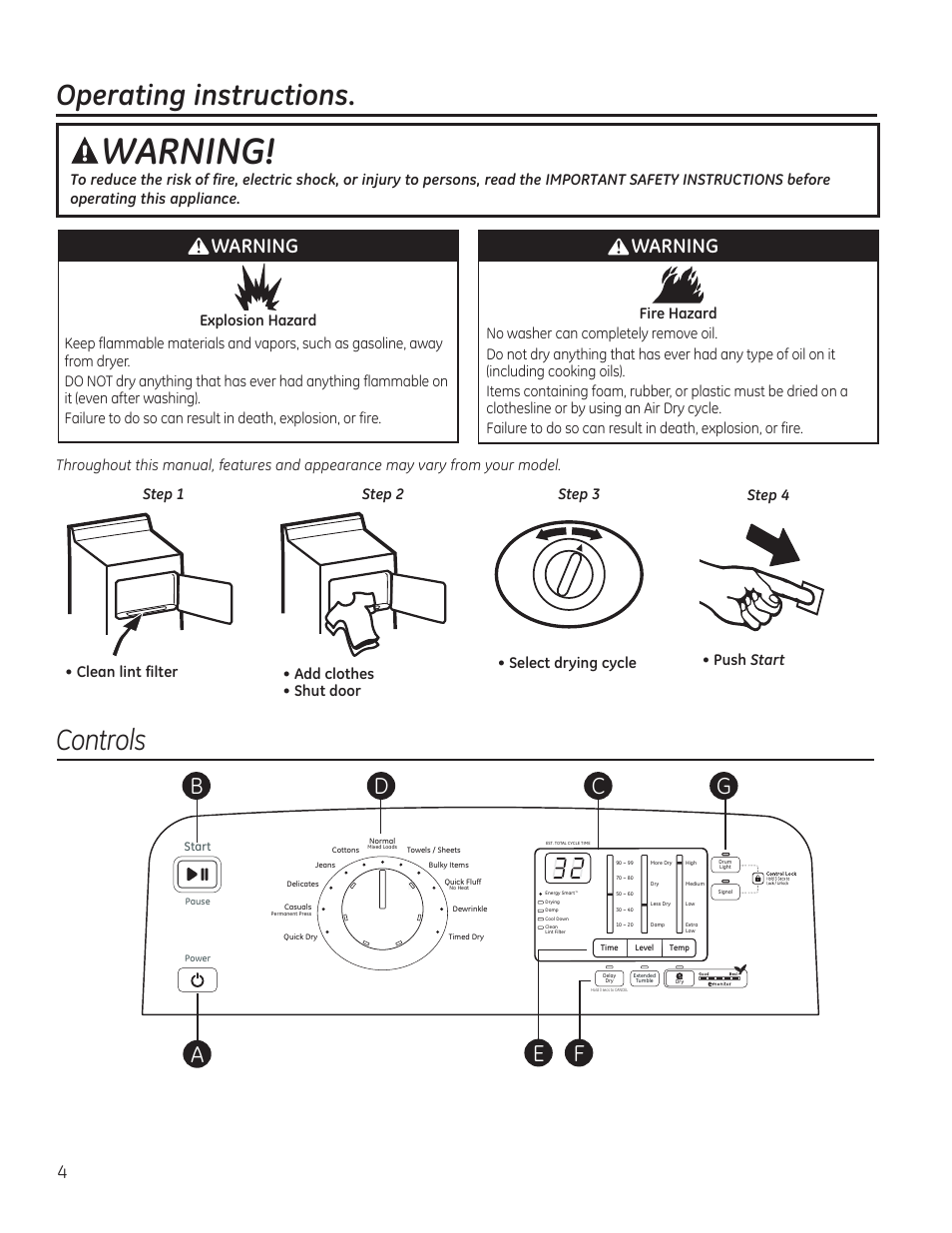 Warning, Operating instructions, Controls | GE GTDP740GDWW User Manual | Page 4 / 32