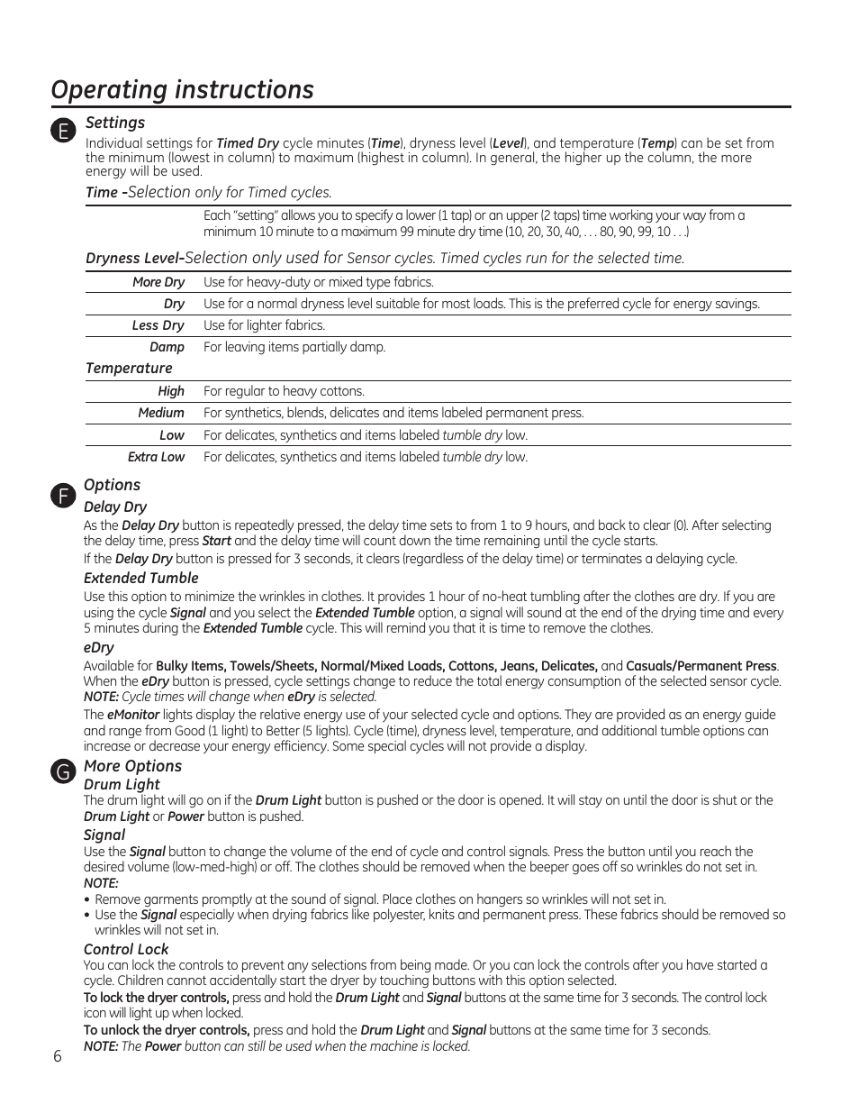 Operating instructions | GE GTDP740GDWW User Manual | Page 6 / 32