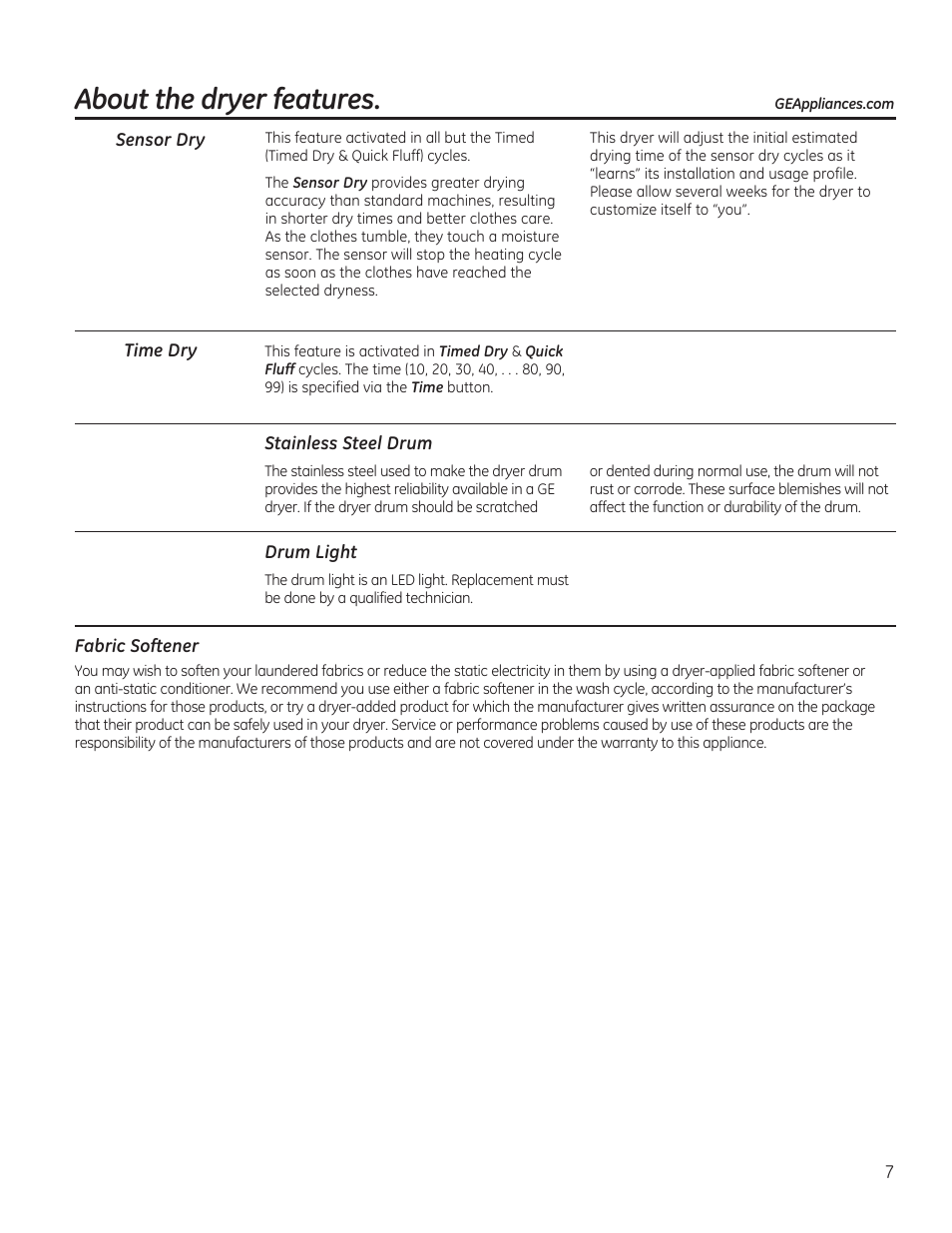 About the dryer features | GE GTDP740GDWW User Manual | Page 7 / 32