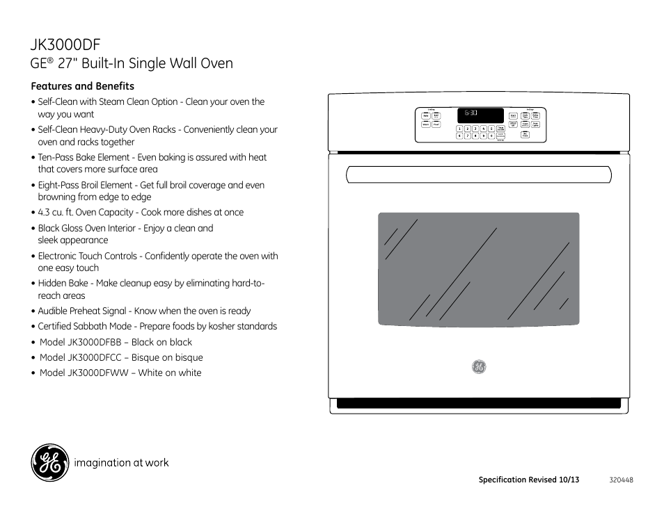 Jk3000dfww/cc/bb, Jk3000df, 27" built-in single wall oven | GE JK3000DFWW User Manual | Page 3 / 3