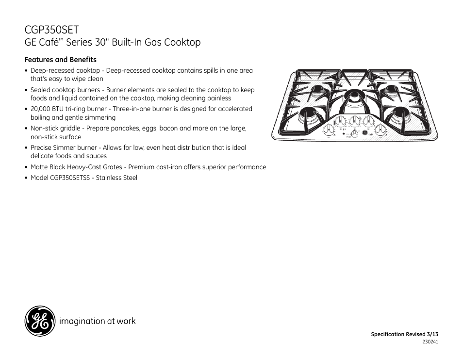Cgp350set, Ge café, Series 30" built-in gas cooktop | GE CGP350SETSS User Manual | Page 2 / 2
