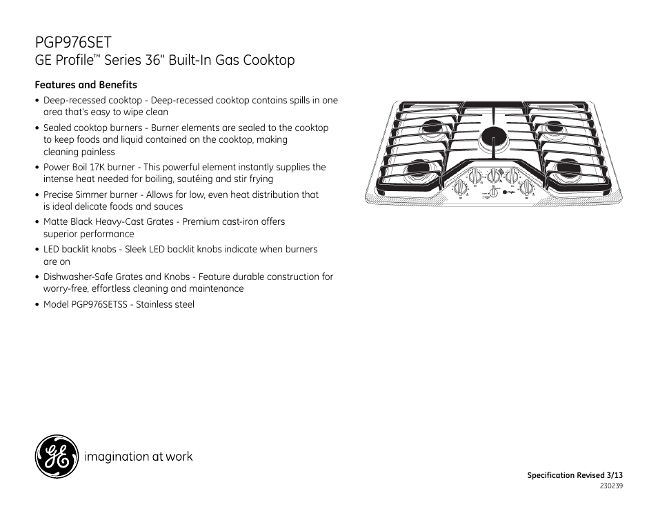 Pgp976set, Ge profile, Series 36" built-in gas cooktop | GE PGP976SETSS User Manual | Page 2 / 2