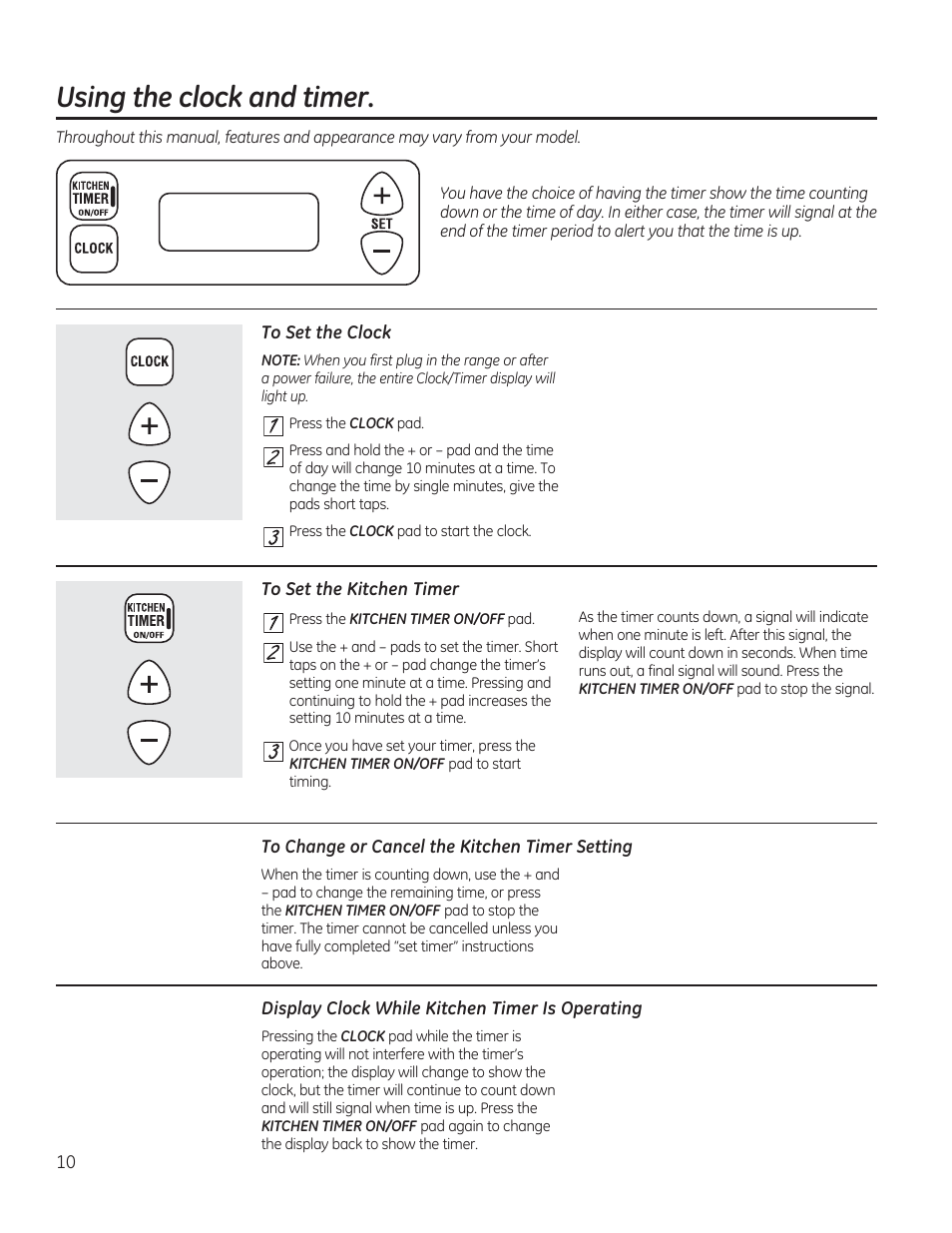 To set the clock, To set the kitchen timer, To change or cancel the kitchen timer setting | Display clock while kitchen timer is operating, Using the dock and timer | GE JGBP27DEMWW User Manual | Page 10 / 112