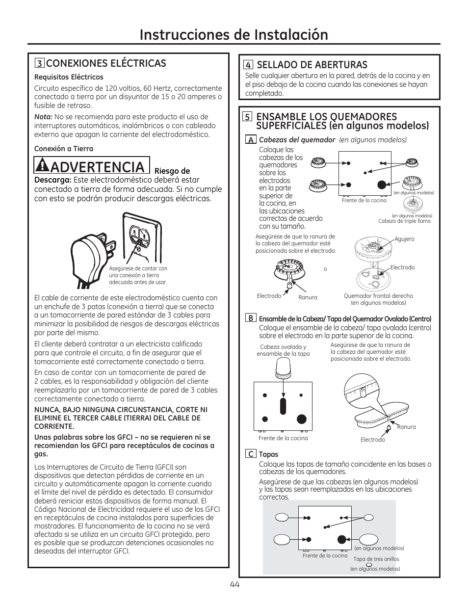 Hconexiones eléctricas, Sellado de aberturas, Ensamble los quemadores | Superficiales (en algunos modelos), Instrucciones de instalación, Advertencia | GE JGBP27DEMWW User Manual | Page 100 / 112