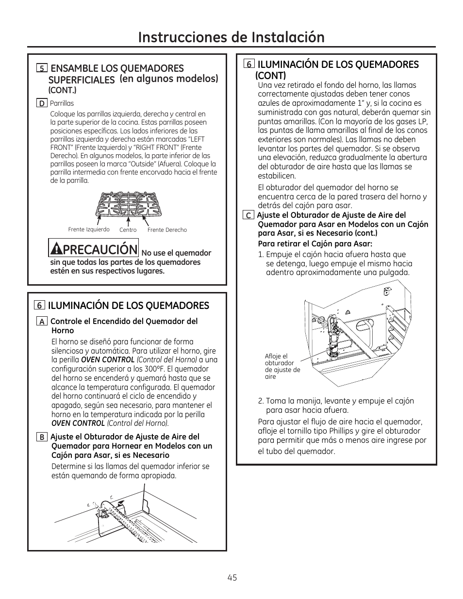 U ensamble los quemadores, Superficiales (en algunos modelos), H iluminación de los quemadores | Iluminacion de los quemadores (cont), Instrucciones de instalación, Precaución | GE JGBP27DEMWW User Manual | Page 101 / 112