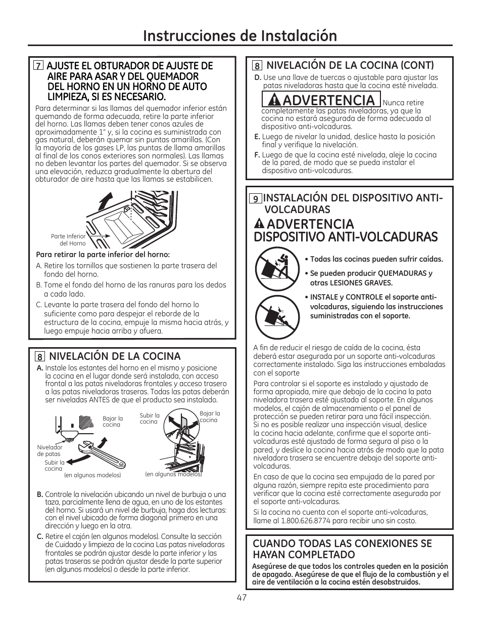 Instrucciones de instalación, Dispositivo anti-volcaduras, Advertencia | Aadvertencia | GE JGBP27DEMWW User Manual | Page 103 / 112